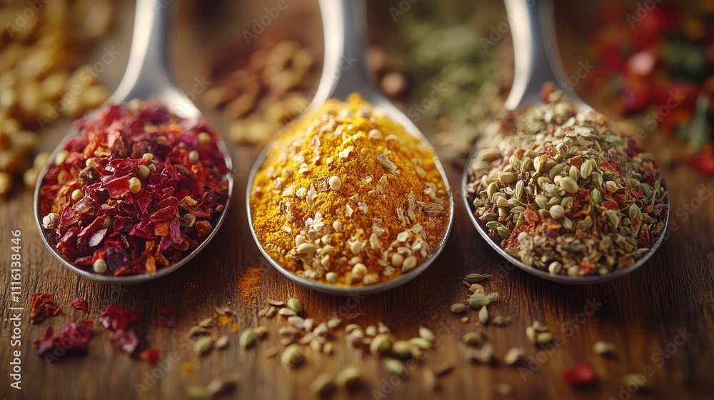 Poster colorful spices and herbs displayed in metallic spoons on a rustic wooden surface creating an inviti