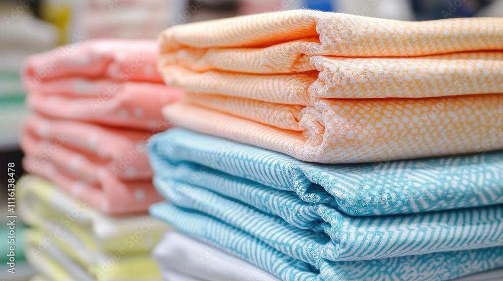 Poster colorful folded towels with abstract patterns neatly stacked in a retail store showcasing vibrant ho