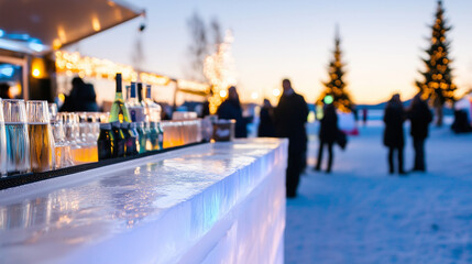 Ice Bar Counter at Winter Fair: Serving Drinks in the Cold Outdoors A stunning ice bar counter, expertly sculpted from ice, stands at a bustling winter fair. Situated outdoors, it