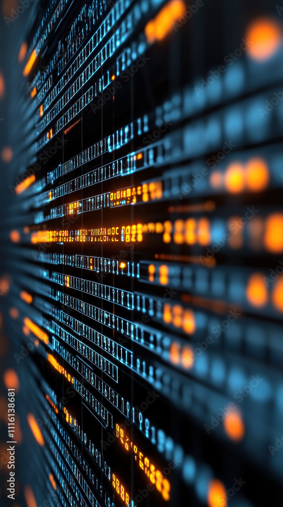 Poster a close-up view of a digital data stream, showcasing vibrant blue and orange binary code symbols aga