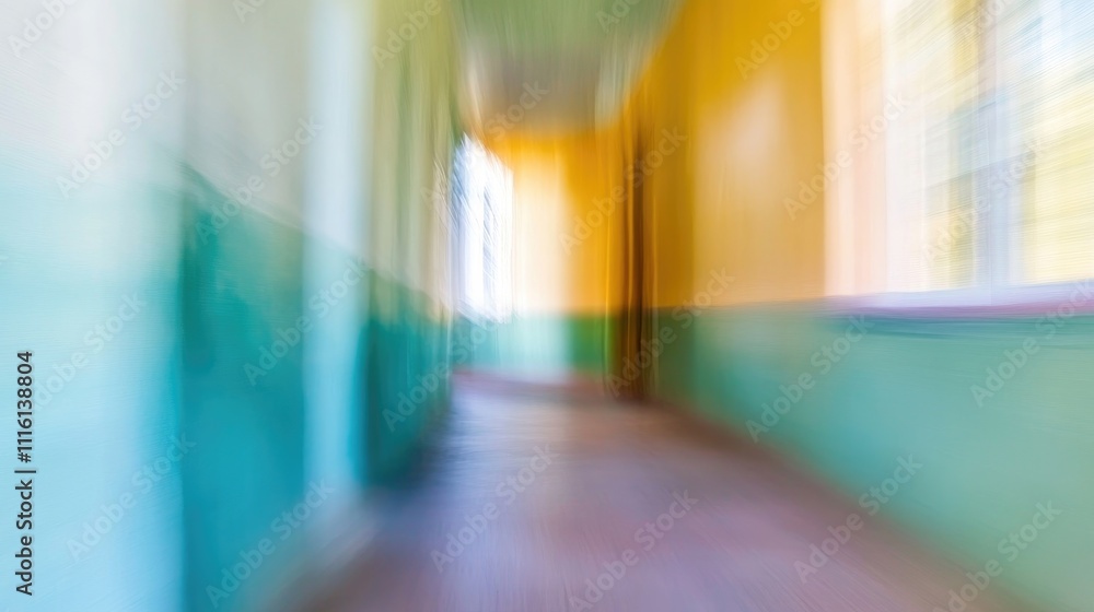 Poster abstract motion blur of a bright corridor highlighting colorful walls in a house setting creating a 