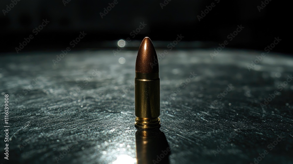 Poster closeup of a bullet showcasing its metallic casing and pointed tip on a reflective surface emphasizi