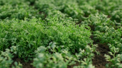 Lush young green carrot plants thriving in an agricultural field, captured with a shallow depth of field, highlighting vibrant foliage and rich soil texture, farming, cultivation, growth.