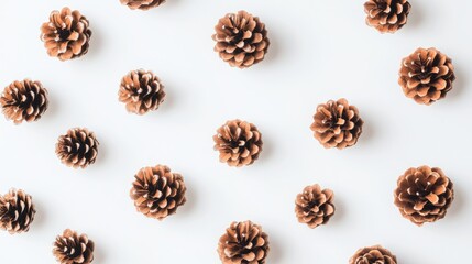 Scattered pine cones on a white background creating a natural and rustic aesthetic for seasonal or decorative purposes.