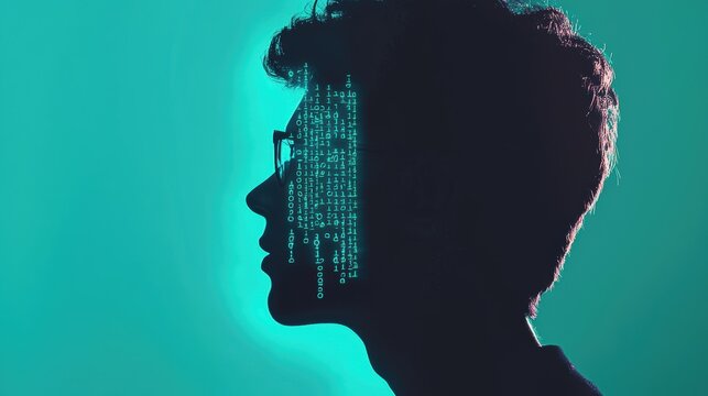 A silhouette of a person with glasses, set against a teal background, features digital code overlaying their face, symbolizing technology and data.