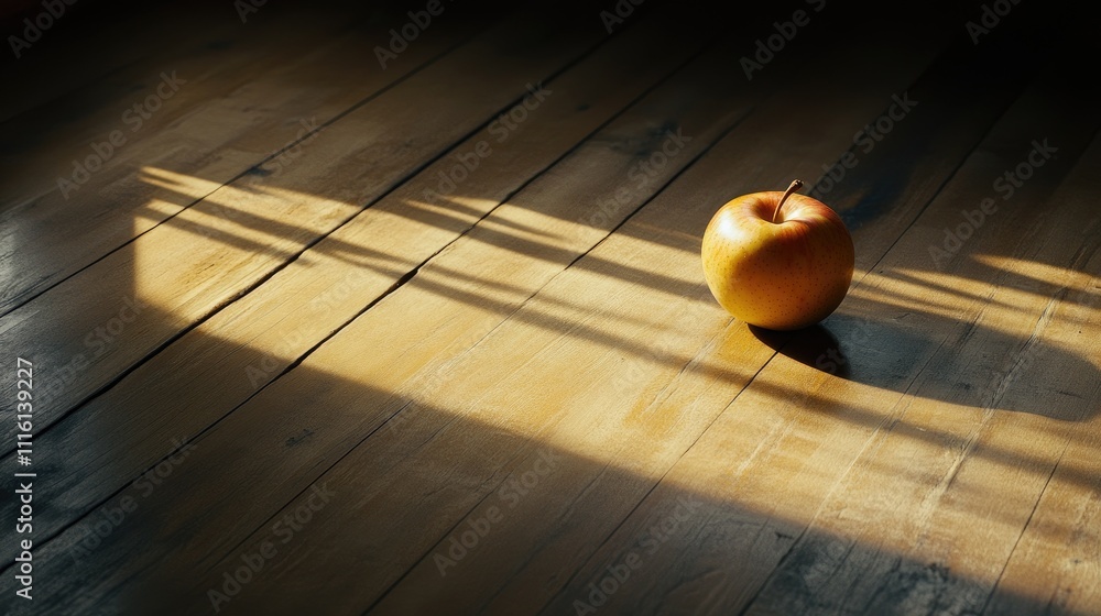 Poster fresh apple on wooden floor illuminated by soft sunlight creating a warm and inviting atmosphere in 