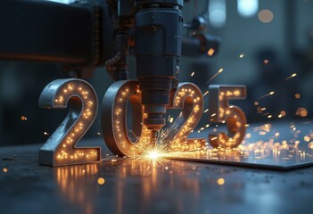 2025 carved into an old wooden cupboard door with a rustic, vintage aesthetic