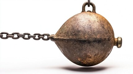 Rusty vintage plumb bob pendant hanging from a chain on a clean white background showcasing its weathered texture and historical significance