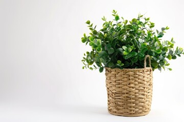 White background with artificial plant and wicker cushion décor.