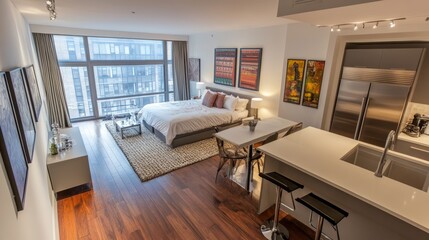 Fototapeta premium Modern bedroom with a functional bar island and a cozy dining table near the window, creating a multipurpose living space, viewed from above.