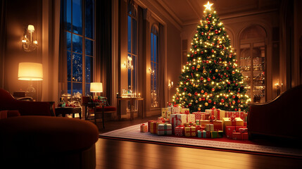 Fototapeta premium Presents Under the Christmas Tree: A Cozy and Festive Holiday Setting A majestic Christmas tree is adorned with twinkling lights and colorful ornaments, with a pile of presents sta