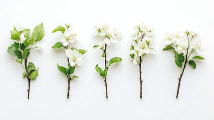 Five White Blossoms Aligned Against a White Background