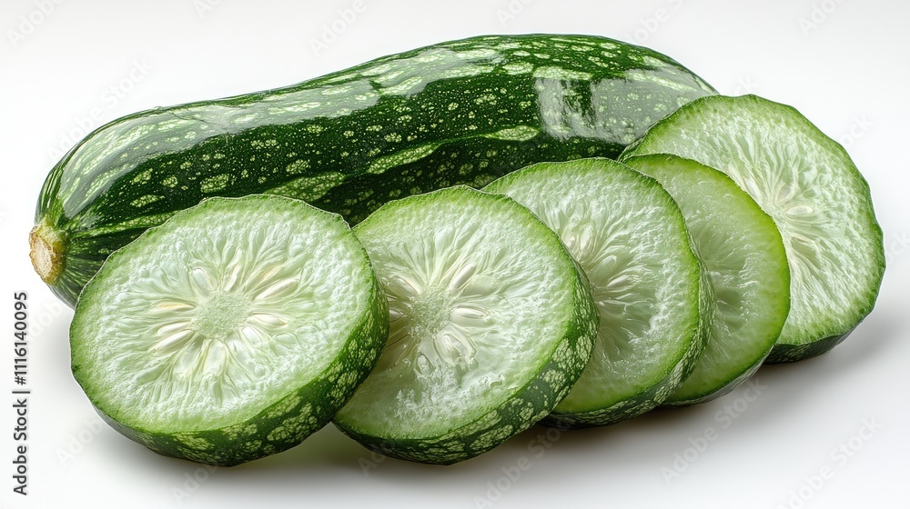 Poster fresh cucumber slices arranged in a row on a clean white background highlighting their vibrant green