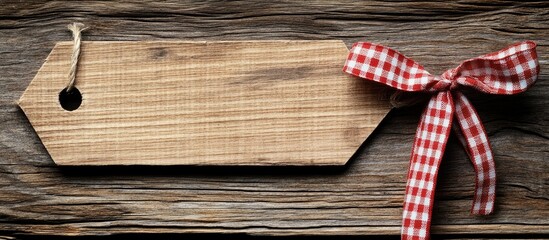 Rustic wooden gift tag featuring a red checked ribbon ideal for holiday messages and personalized gifting suggestions