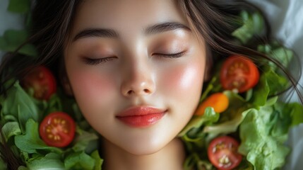 Tired Asian girl resting with eyes closed, surrounded by salad greens and tomatoes on a white background, conveying a sense of fatigue and disinterest, lifestyle, health, beauty.