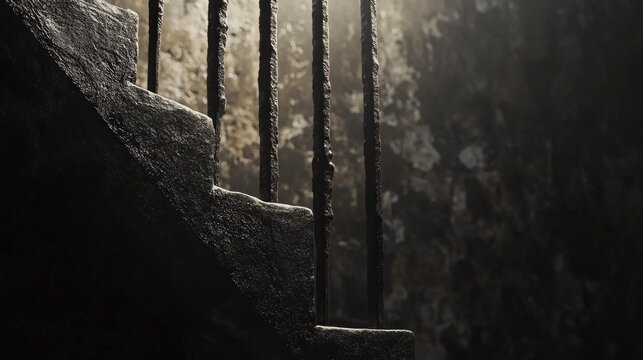 Haunting staircase with weathered metal bars and textured stone walls illuminated by soft light creating a dramatic atmosphere.