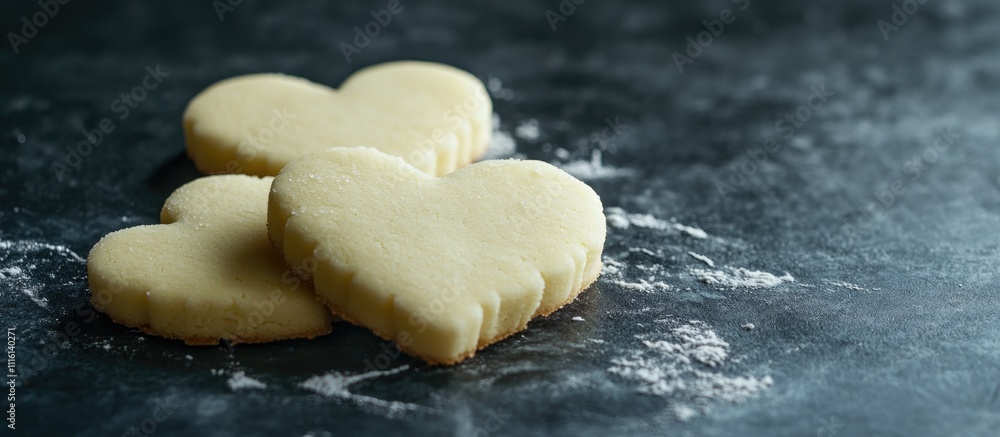 Poster heart shaped butter cookies on a dark surface with space for recipe text perfect for baking and food