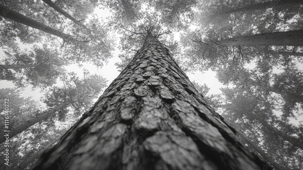 Poster vertical grayscale image of a tall pine tree captured from below, showcasing its textured bark and c