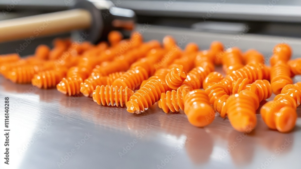 Poster a close-up view of vibrant orange self-tapping screws arranged in a neat row on a metallic surface h