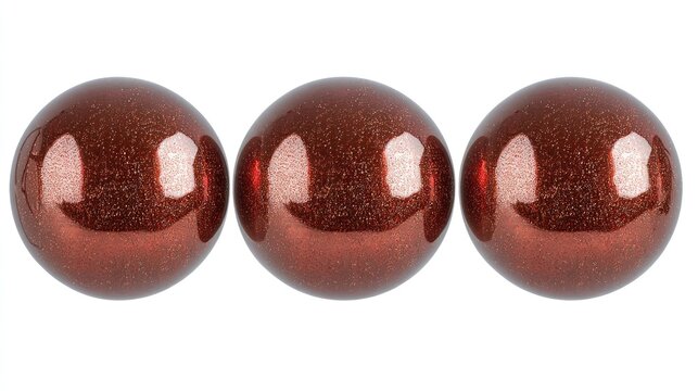 Three shiny red Christmas tree balls arranged in a row, isolated against a clean white background, perfect for holiday d&Atilde;&fnof;&Acirc;&copy;cor concepts, festive celebrations, seasonal decorations.