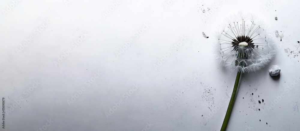 Poster dandelion puff separated on a minimalist white background showcasing intricate details and textures 