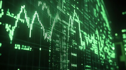 Fototapeta premium A digital stock market graph is shown on a green background, with luminous dots and lines creating an analysis