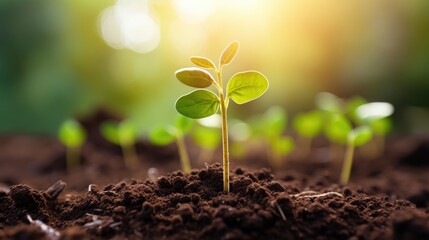 New title: Young seedlings emerging from rich soil in vibrant sunlight representing agricultural growth and cultivation process for sustainable farming