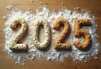 2025 spelled out using flour, sugar, and other ingredients on a wooden surface
