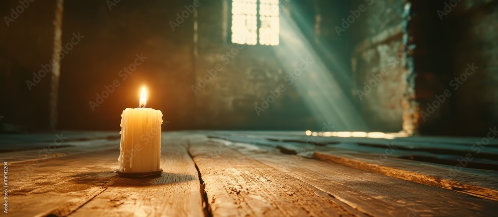 Aufkleber candle casting warm light on rustic wooden floor in atmospheric indoor setting with soft rays of sun