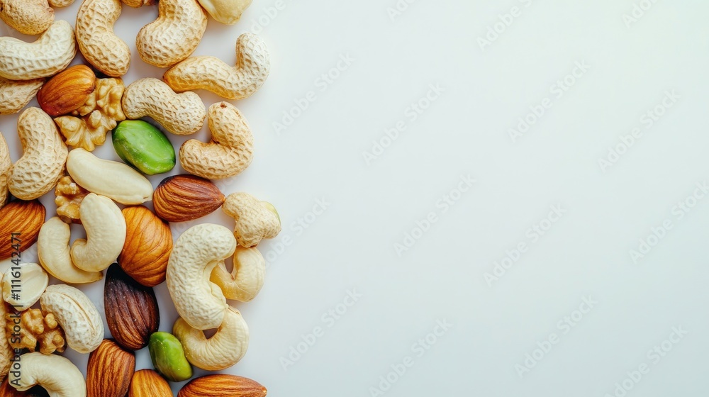 Poster assorted mixed nuts scattered on white background with ample space for text or design elements