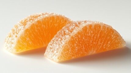 Candy-like orange jelly segments coated in sugar, placed on a clean white background, highlighting the vibrant color and texture, food, dessert, confectionery, sweet treat.