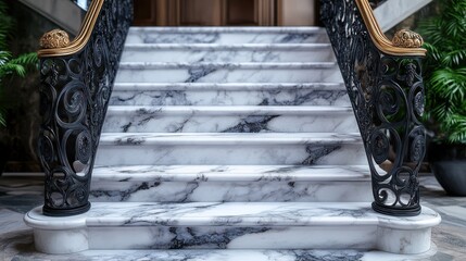 An ornate marble staircase with intricate black iron railings leads upward, exuding timeless elegance and sophistication.