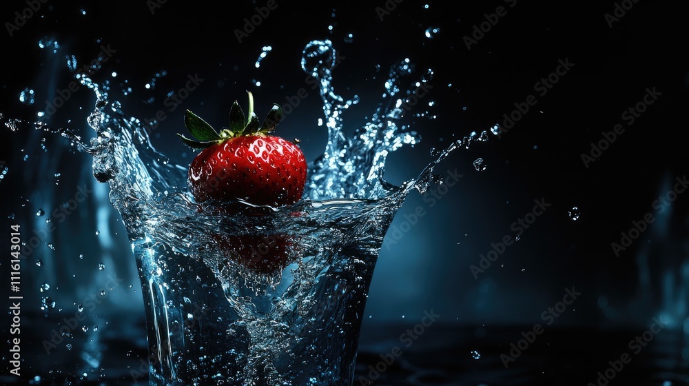 Poster fresh strawberry creating dynamic splash in clear water against dark background