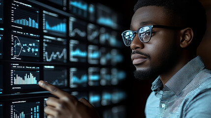 Fototapeta premium focused man analyzing financial data on digital screens, showcasing graphs and charts. His glasses reflect data, emphasizing his engagement in risk management