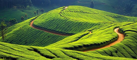 Fototapeta premium Lush green tea plantations rolling hills under sunlight showcasing vibrant nature at a scenic hill station environment