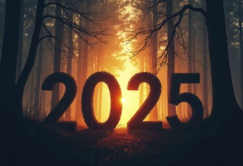 2025 outlined by trees in a forest with sunset beams slicing through