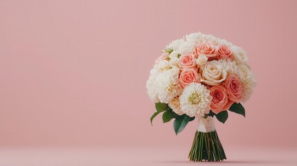 Fototapeta premium Isolated bouquet of ivory roses and peach dahlias, creating an elegant and charming wedding bouquet