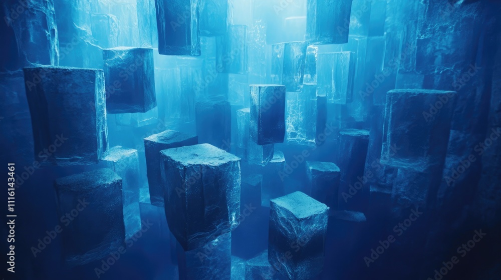 Poster underwater abstract scene featuring floating transparent blocks illuminated by blue light creating a