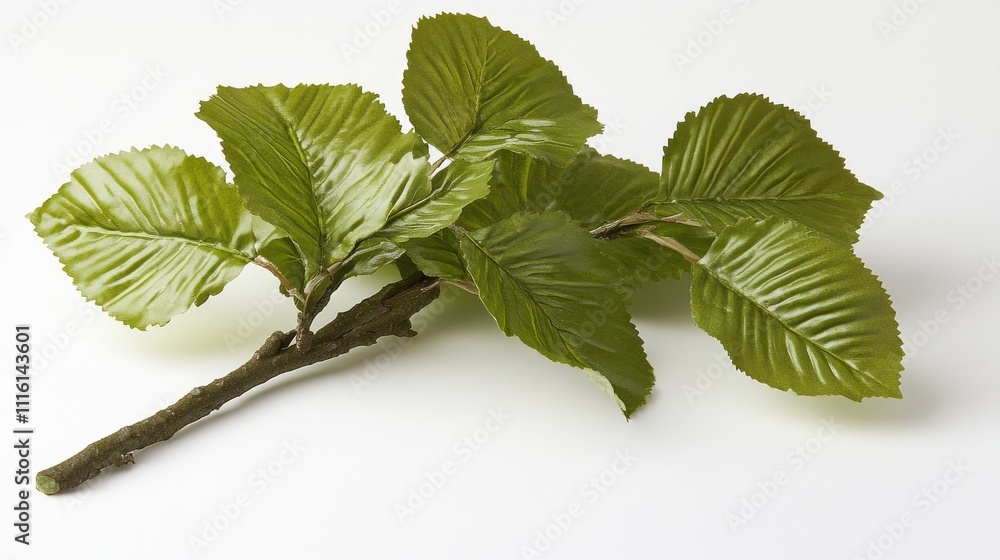 Poster spring beech tree branch with vibrant green foliage isolated on a soft white background illustrating