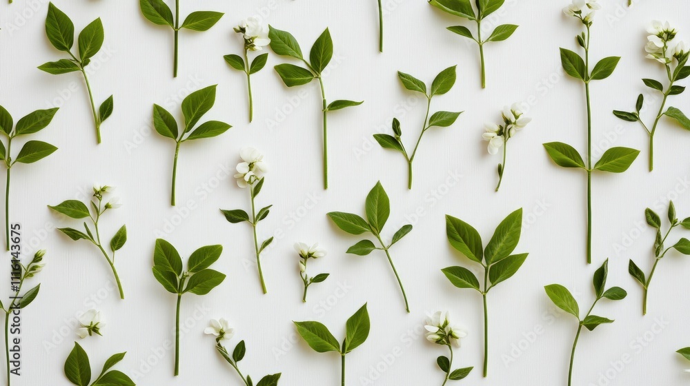 Poster green leaves and delicate flowers arranged on a white background creating a natural and fresh botani
