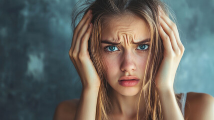 Fototapeta premium Portrait of a upset dissatisfied scared teenager girl. Young Woman Covers ears with hand. 16:9