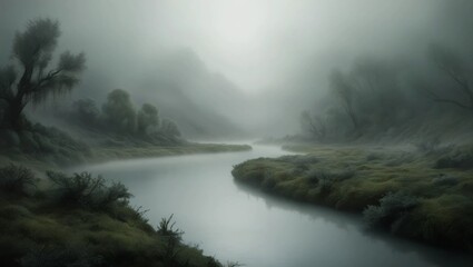 AI GENERATE  background, A river winding through a foggy valley, with soft gray and green tones