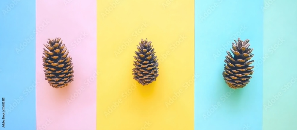 Poster christmas pine cones on colorful pastel background with empty space for text in flat lay overhead co