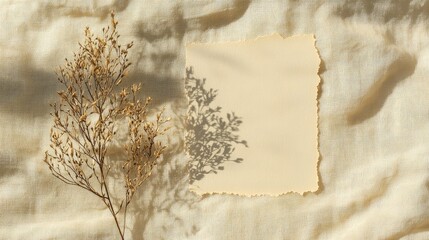 Elegant square invitation card mockup with lagurus on beige fabric creating an artistic shadow effect showcasing sophisticated design options