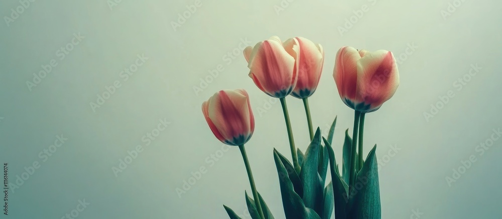 Poster pink and green tulips elegantly arranged against a soft light background with ample copy space for t