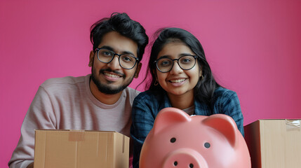 Naklejka premium The idea of a Desi young couple accumulating money with a piggy bank and moving their house with boxes and copy space 