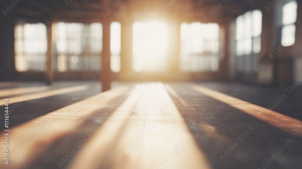 Poster industrial factory interior with soft sunlight and blurred perspective creating an abstract backgrou