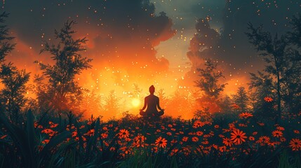 Fototapeta premium Illustration of a peaceful woman meditating amidst vibrant flowers and lush greenery, surrounded by nature’s tranquility and soft light. 
