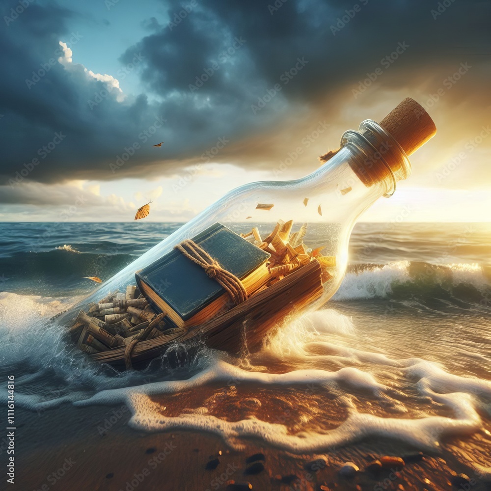 Poster book in a bottle a message in a bottle concept with a book float