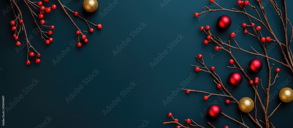 Poster rustic frame made of twigs adorned with red and gold ornaments on a deep green background for a fest